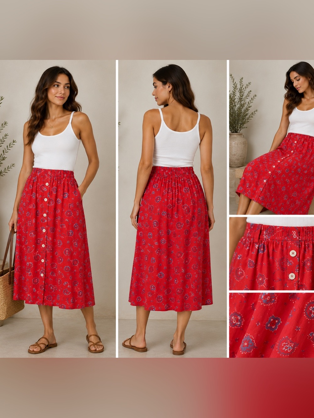 Vintage Lizwear Women’s Red White and Blue Button-Front Midi Skirt 100% Silk NWT